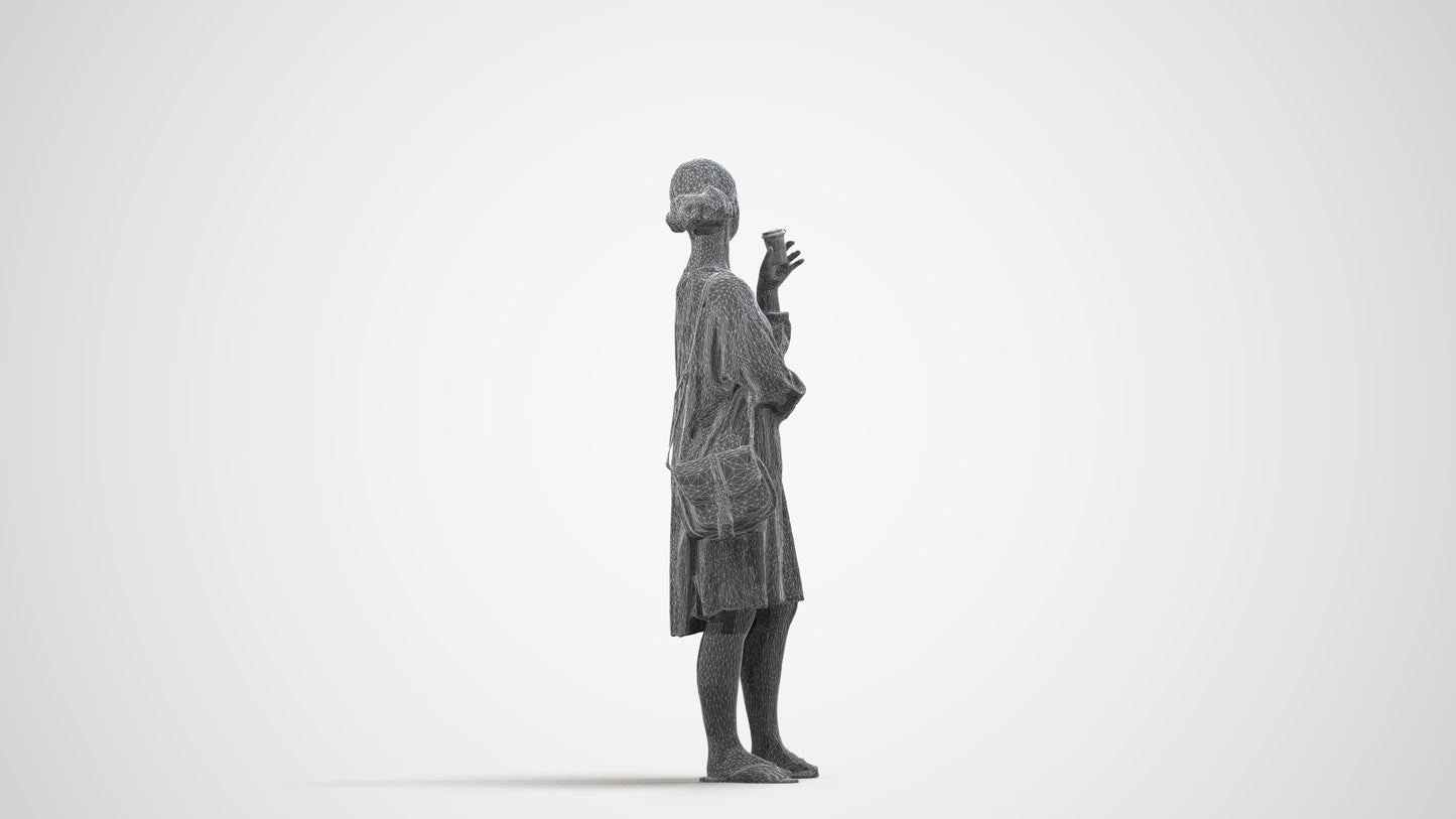 3D human model girl casual kids, photogrammetry scanned person for archviz, wireframe side view