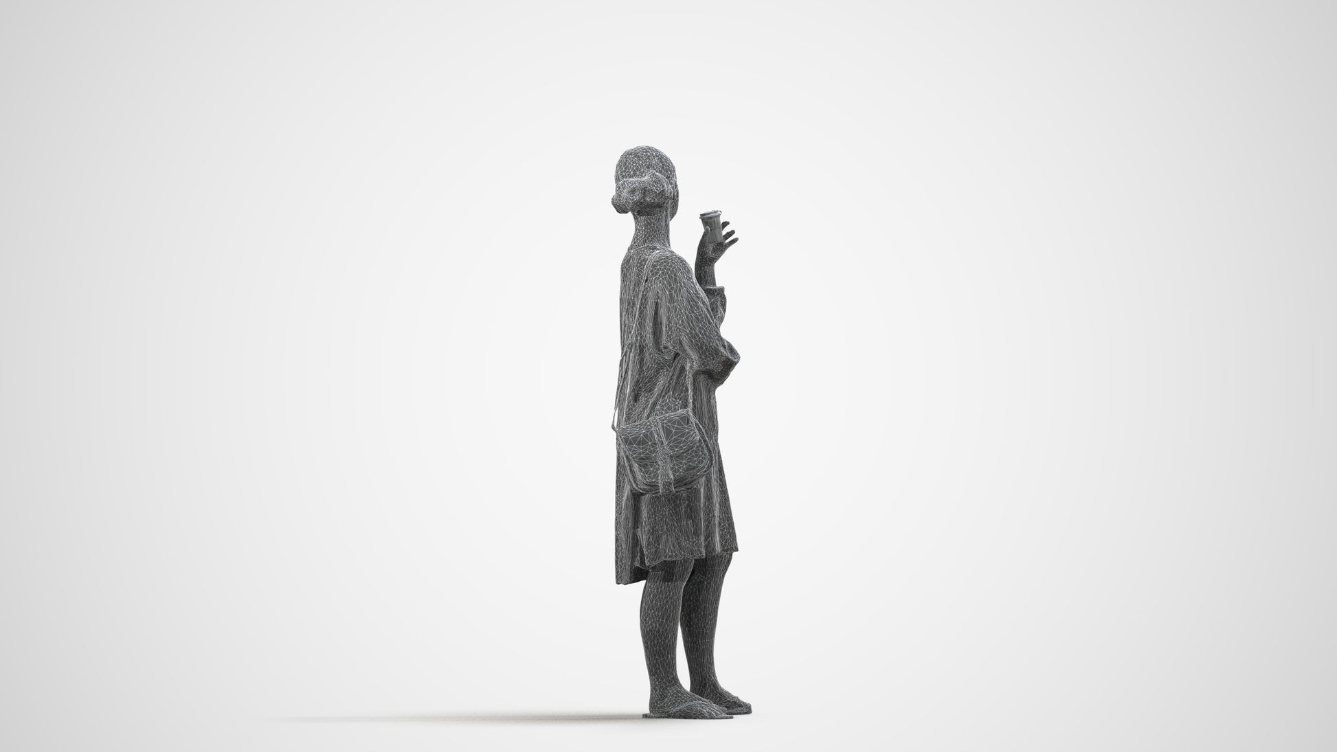 3D human model girl casual kids, photogrammetry scanned person for archviz, wireframe side view