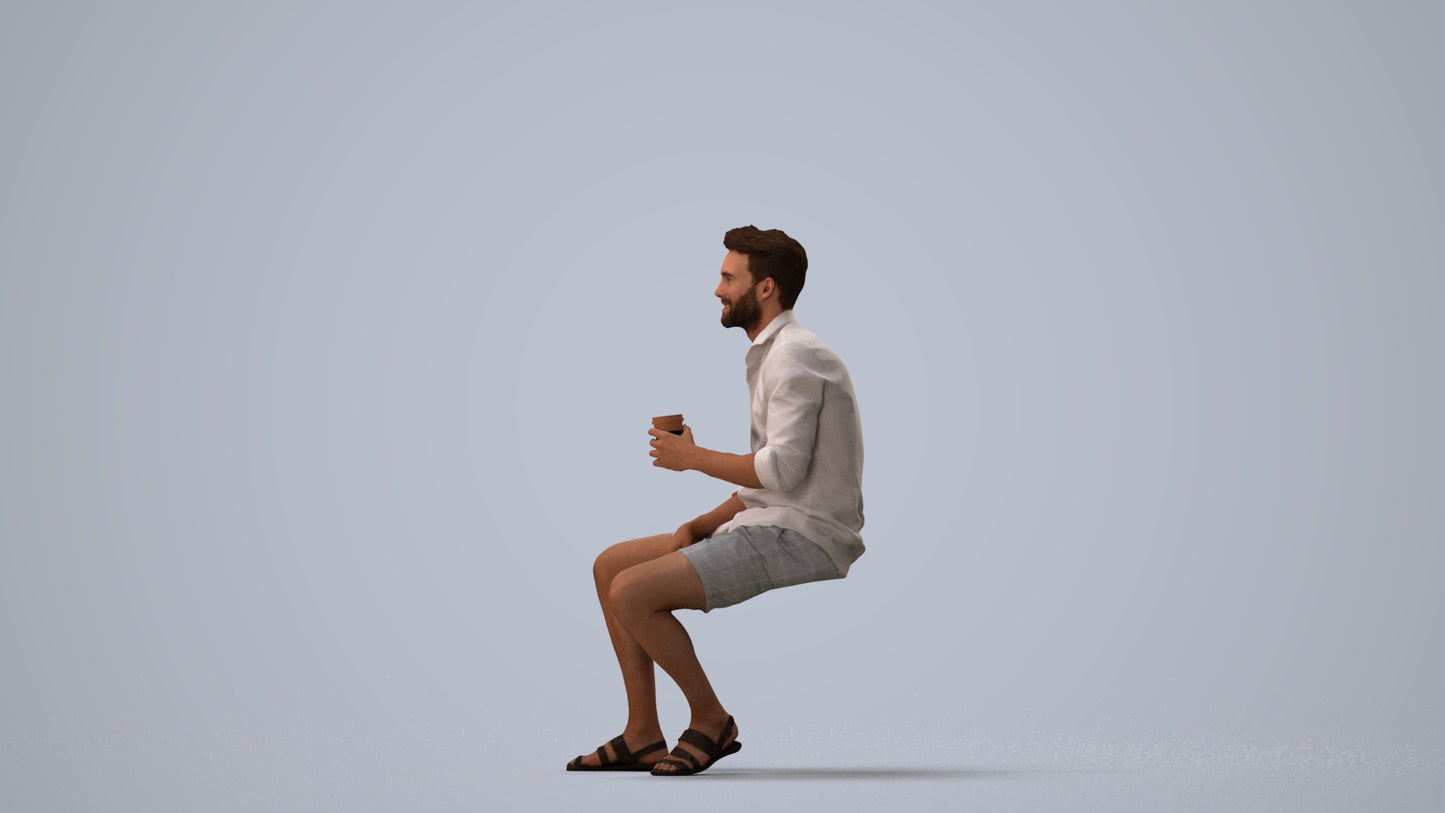 photogrammetry 3D man casual sitting, realistic human model archviz FBX, three-quarter view render