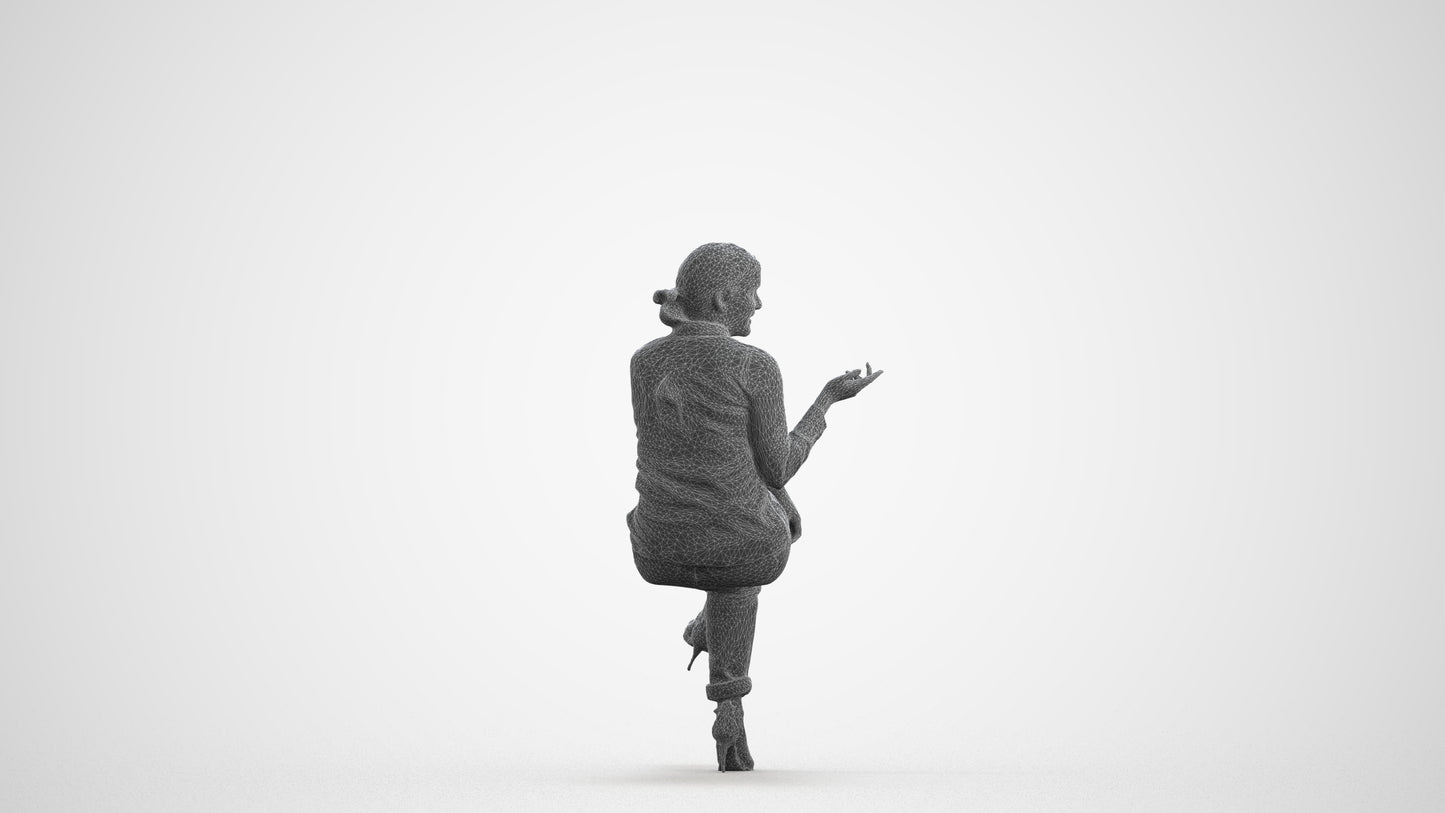 3D people model woman casual sitting, scanned human for 3ds Max rendering, wireframe front view