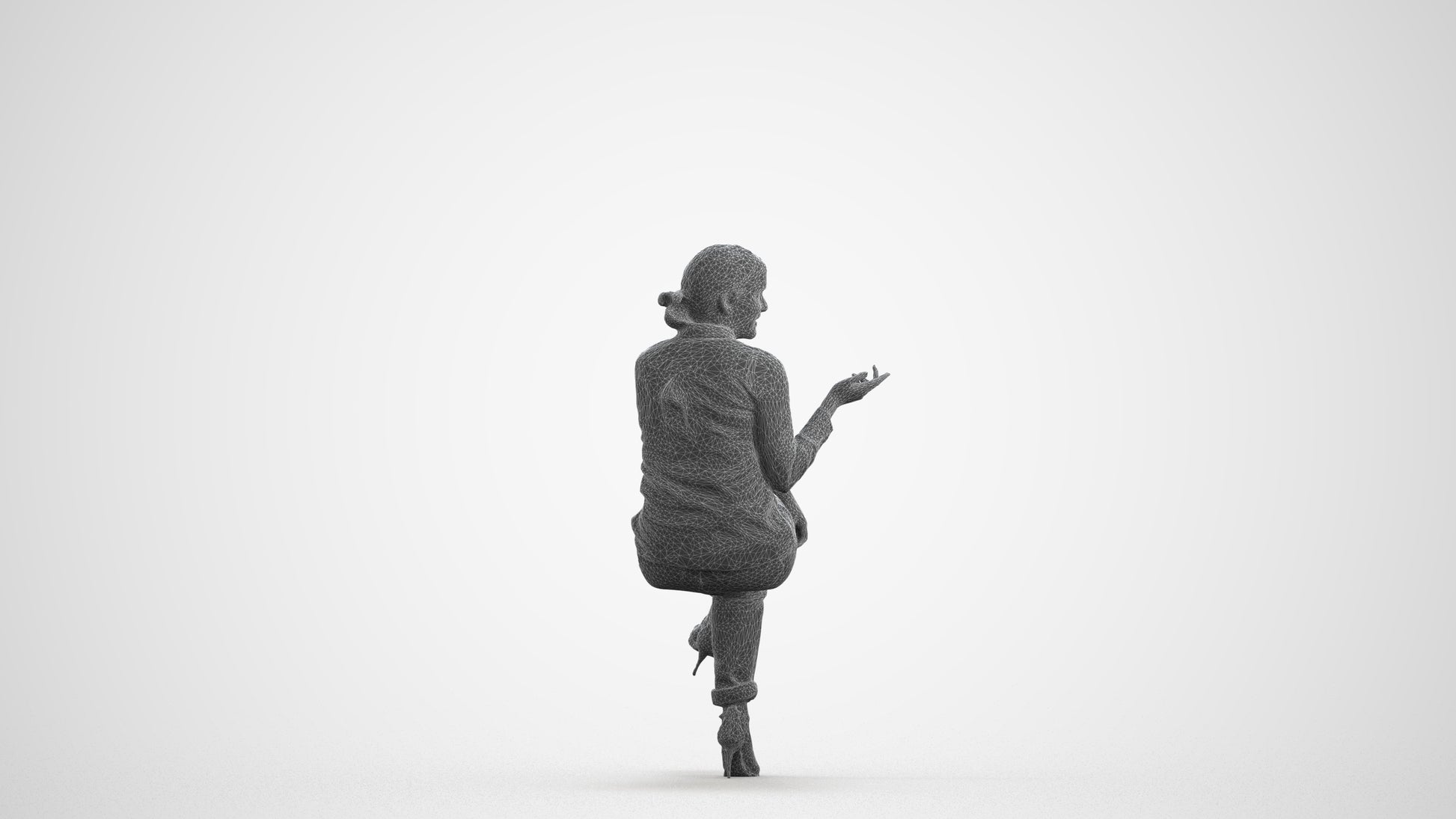 3D people model woman casual sitting, scanned human for 3ds Max rendering, wireframe front view