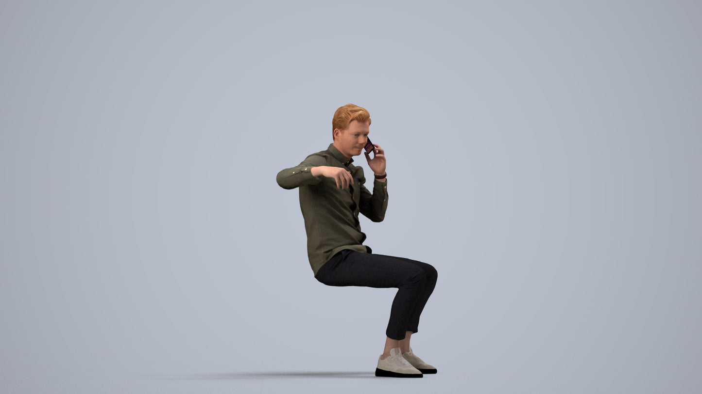 realistic 3D human man casual sitting, archviz people FBX OBJ for Blender, side view render