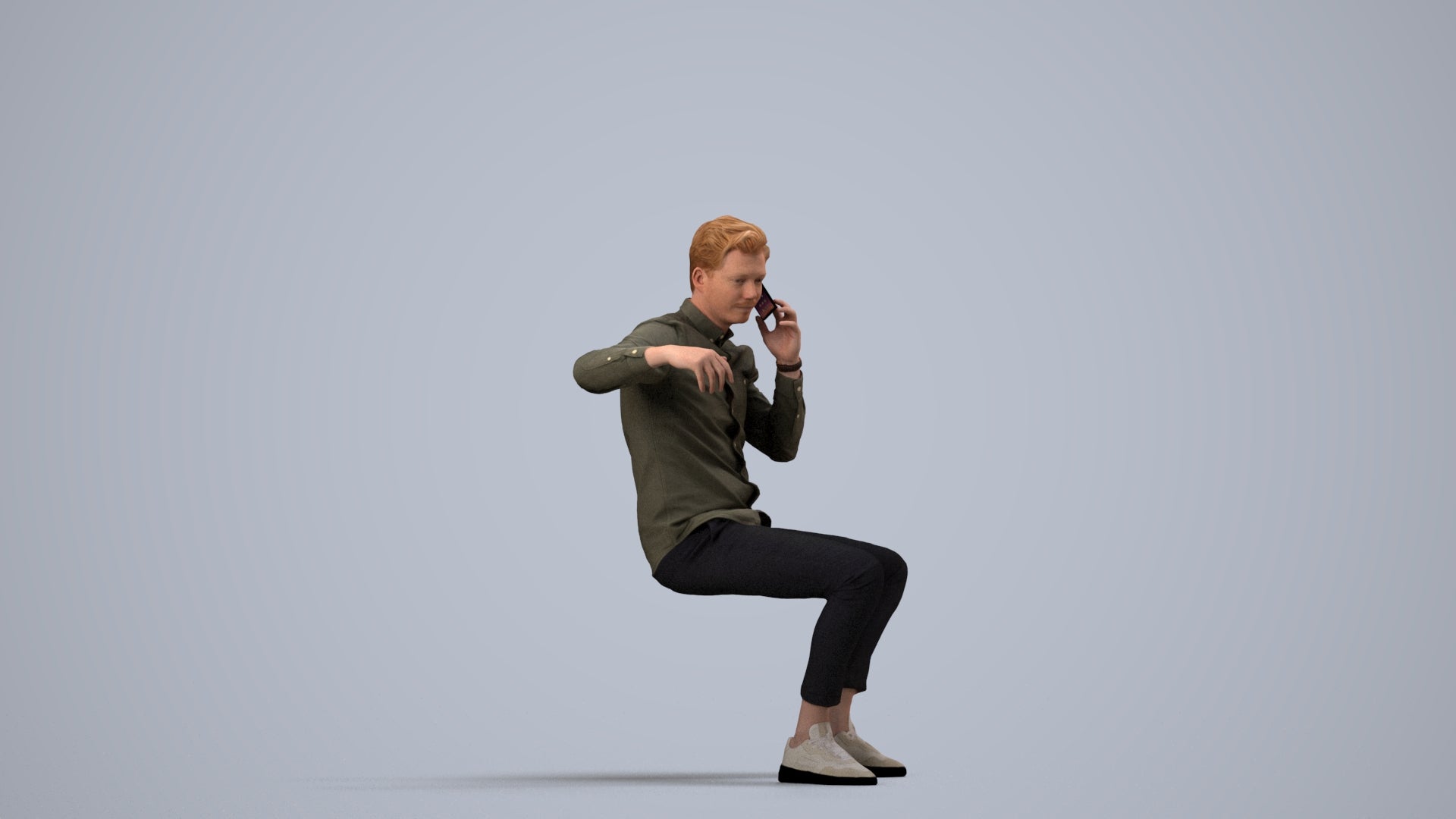realistic 3D human man casual sitting, archviz people FBX OBJ for Blender, side view render
