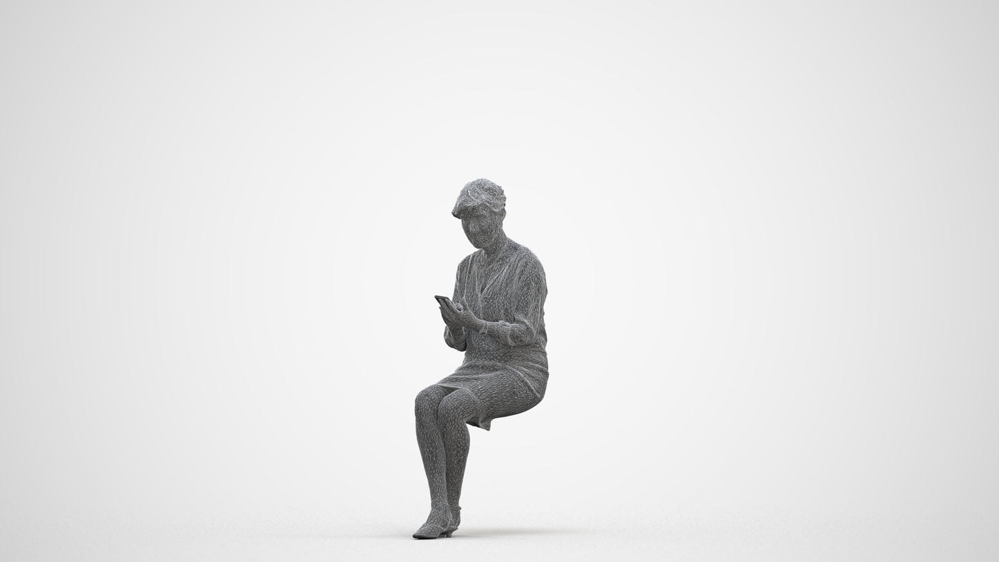 scanned 3D senior woman business sitting, photogrammetry people for Enscape and V-Ray, three-quarter front view render