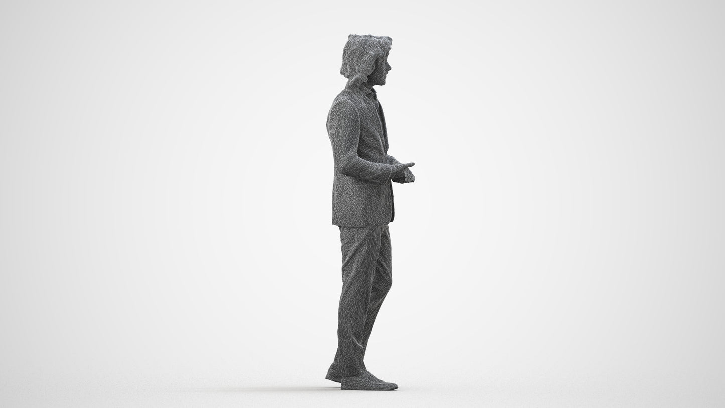 3D people model man business, scanned human for 3ds Max rendering, wireframe side view