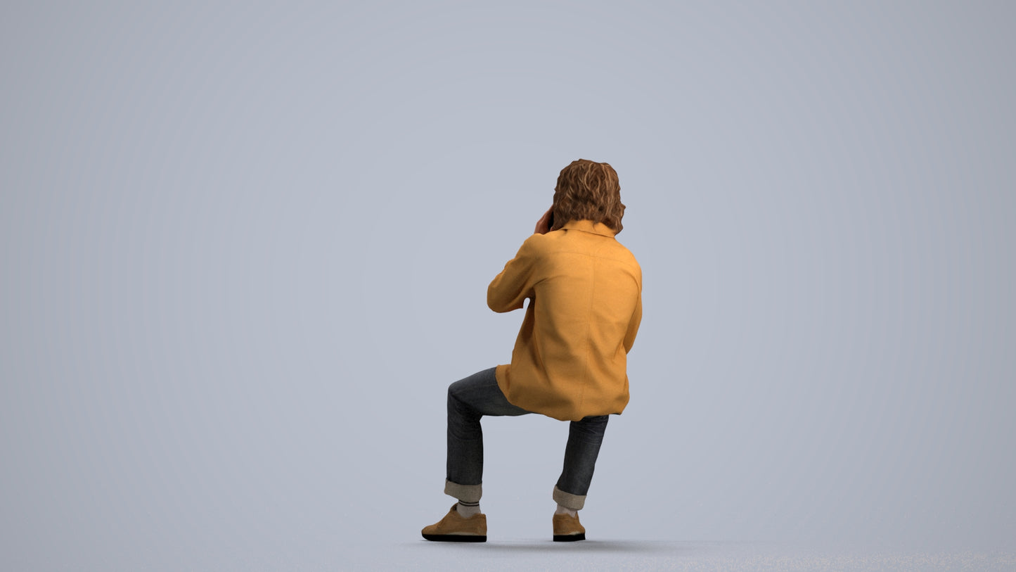 3D human model man casual sitting, photogrammetry scanned person for archviz, front view render