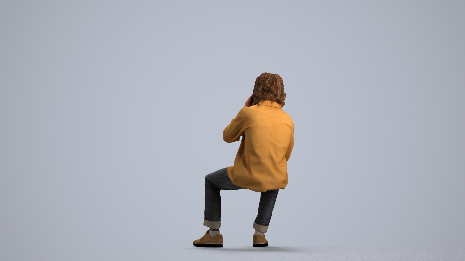 3D human model man casual sitting, photogrammetry scanned person for archviz, front view render