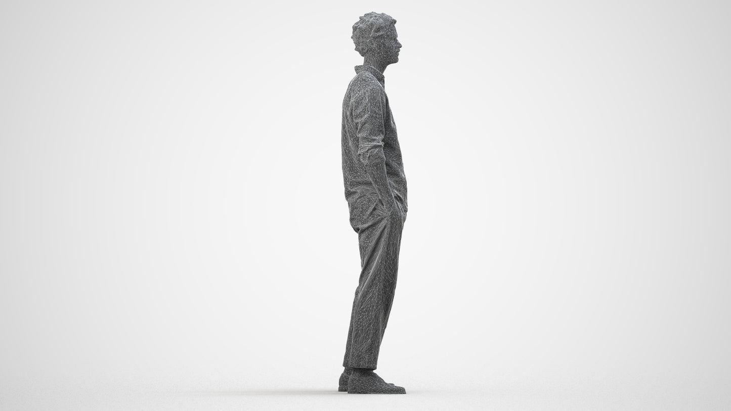 3D human model man casual standing, photogrammetry scanned person for archviz, wireframe side view