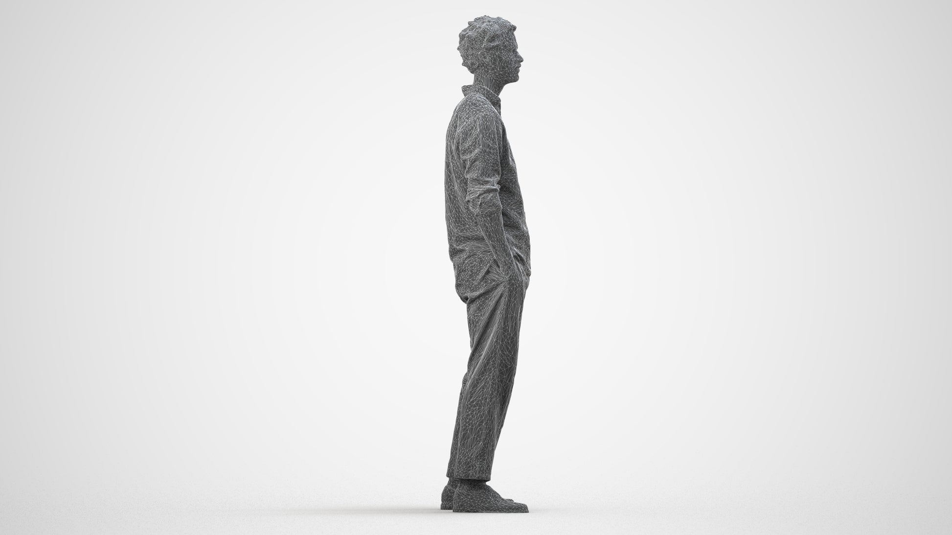 3D human model man casual standing, photogrammetry scanned person for archviz, wireframe side view