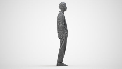 3D human model man casual standing, photogrammetry scanned person for archviz, wireframe side view