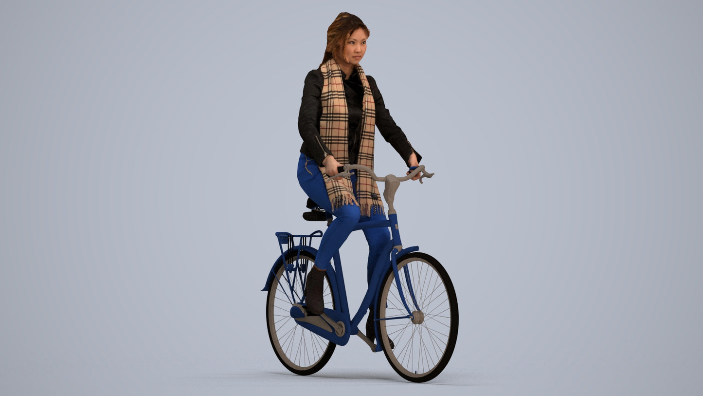 realistic 3D woman casual cycling, scanned archviz people for Blender and 3ds Max, standing pose render