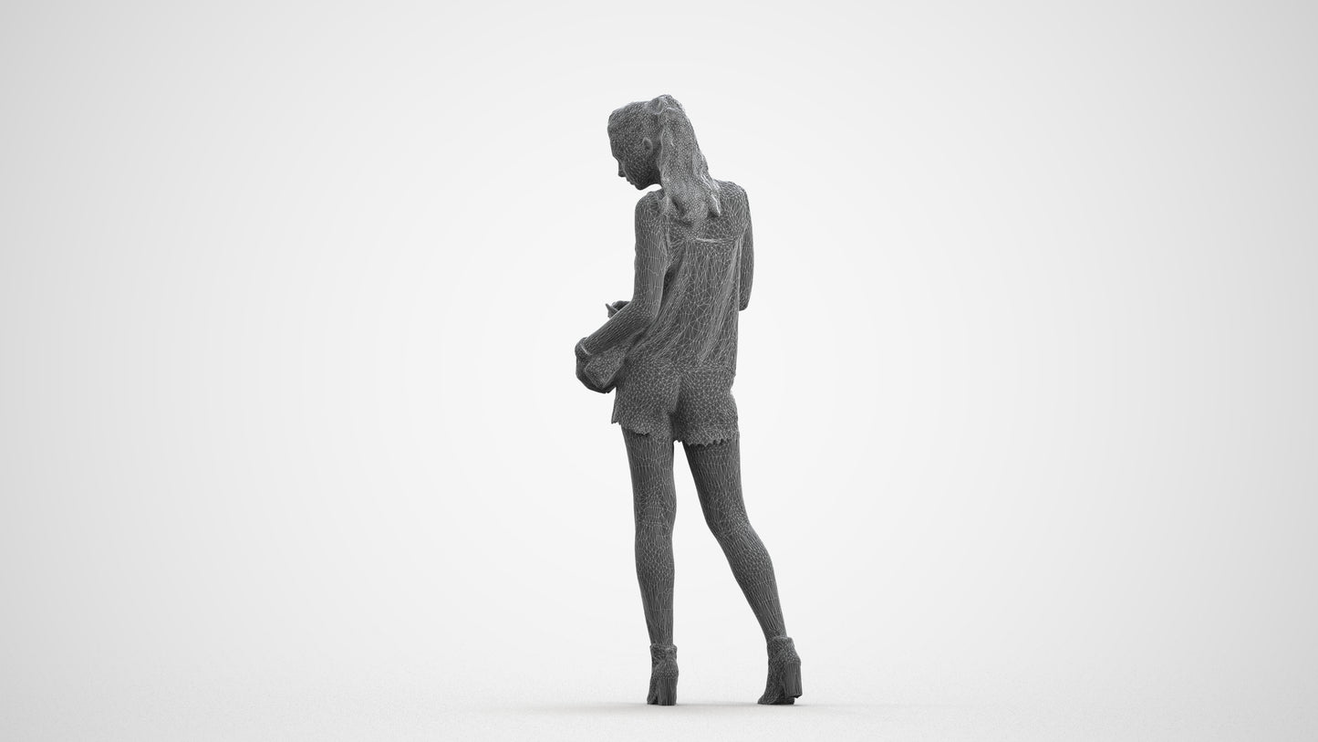 3D people model girl casual standing, scanned human for 3ds Max rendering, wireframe front view