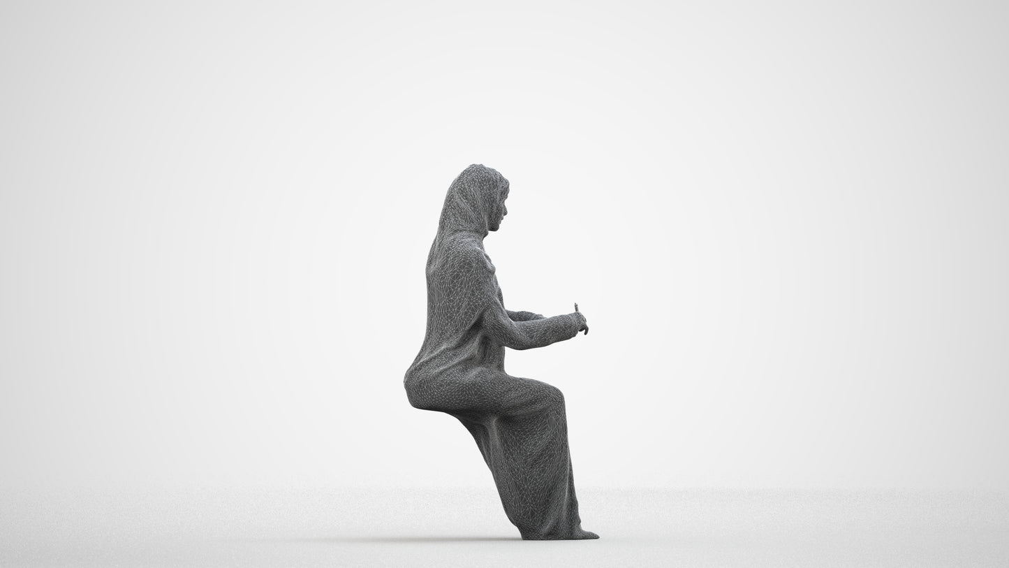 photogrammetry 3D woman sitting, realistic human model archviz FBX, wireframe side view