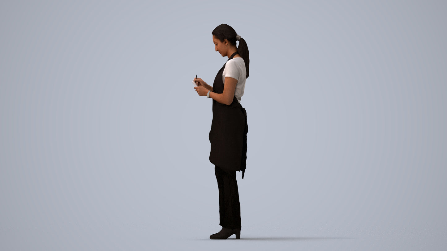 3D human model woman hospitality, photogrammetry scanned person for archviz, three-quarter view render