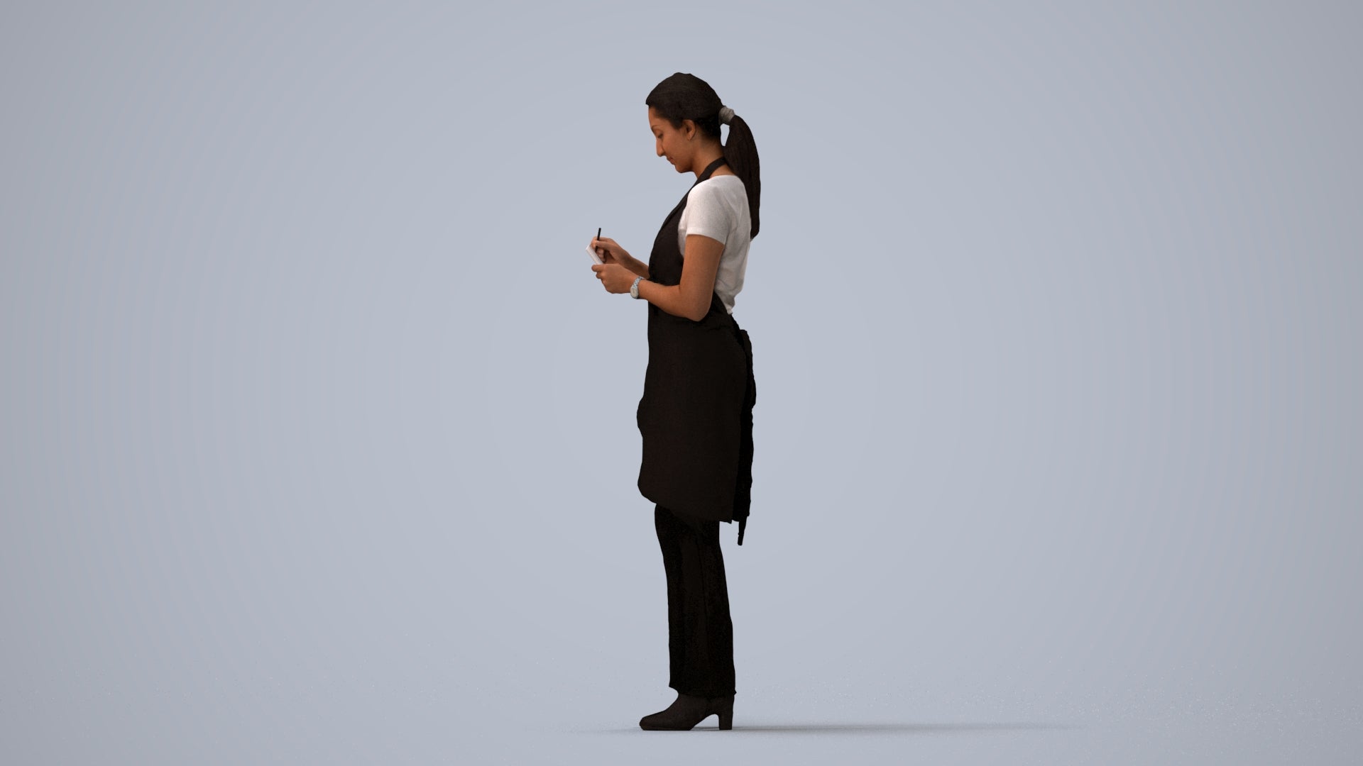 3D human model woman hospitality, photogrammetry scanned person for archviz, three-quarter view render