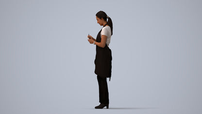 3D human model woman hospitality, photogrammetry scanned person for archviz, three-quarter view render