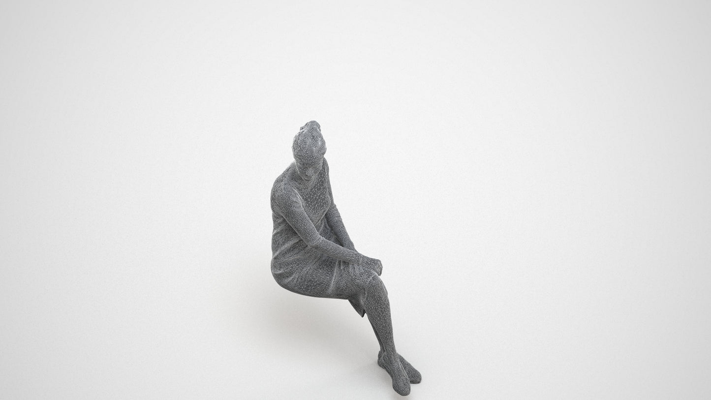 3D scanned woman sitting casual, photorealistic archviz people for Enscape and SketchUp, wireframe three-quarter view
