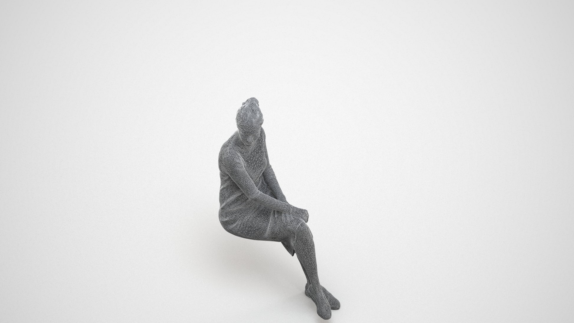 3D scanned woman sitting casual, photorealistic archviz people for Enscape and SketchUp, wireframe three-quarter view