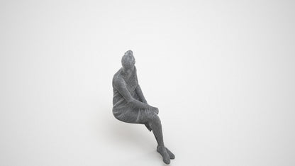 3D scanned woman sitting casual, photorealistic archviz people for Enscape and SketchUp, wireframe three-quarter view