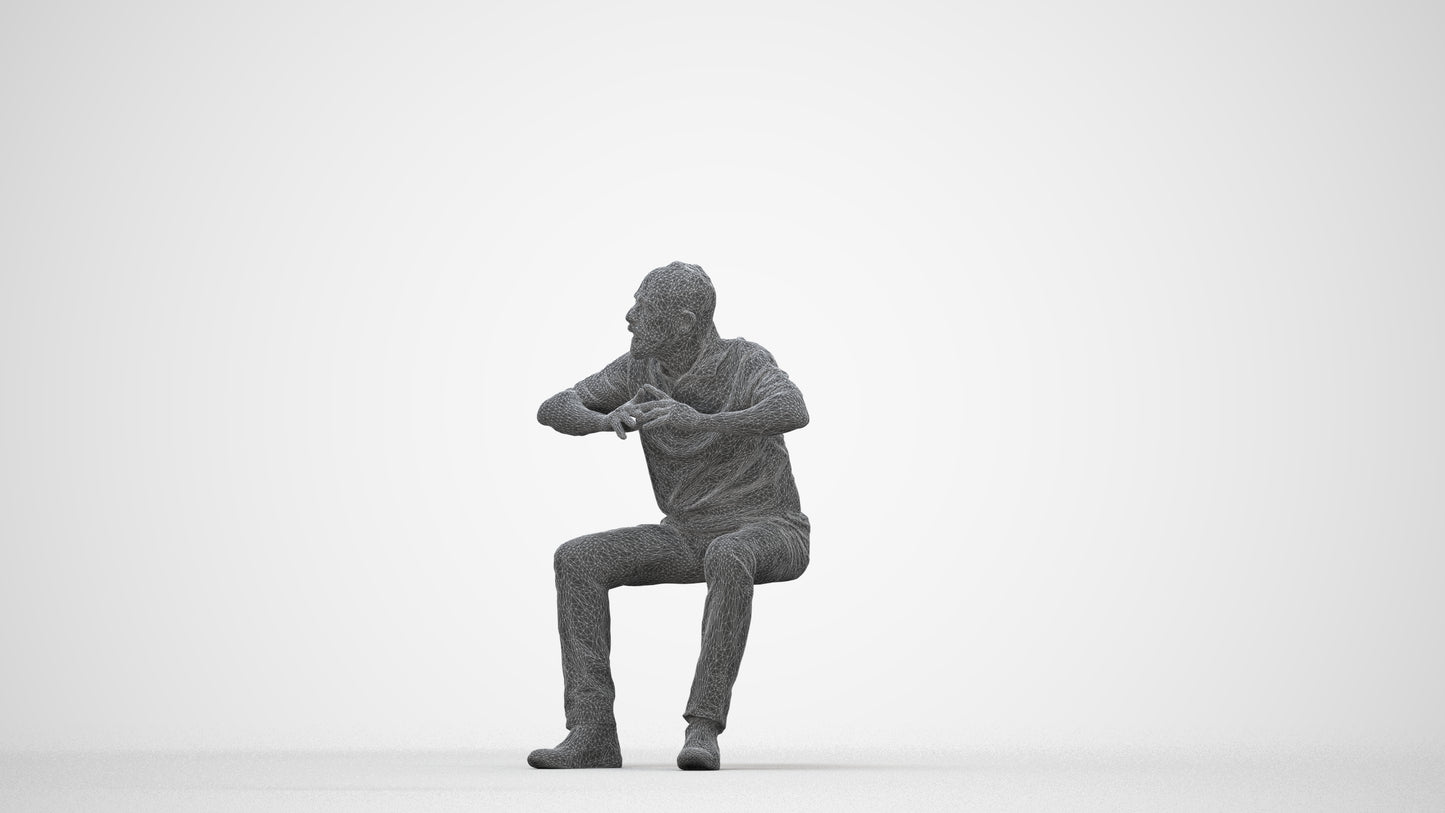 3D people model senior man casual sitting, scanned human for 3ds Max rendering, wireframe back view