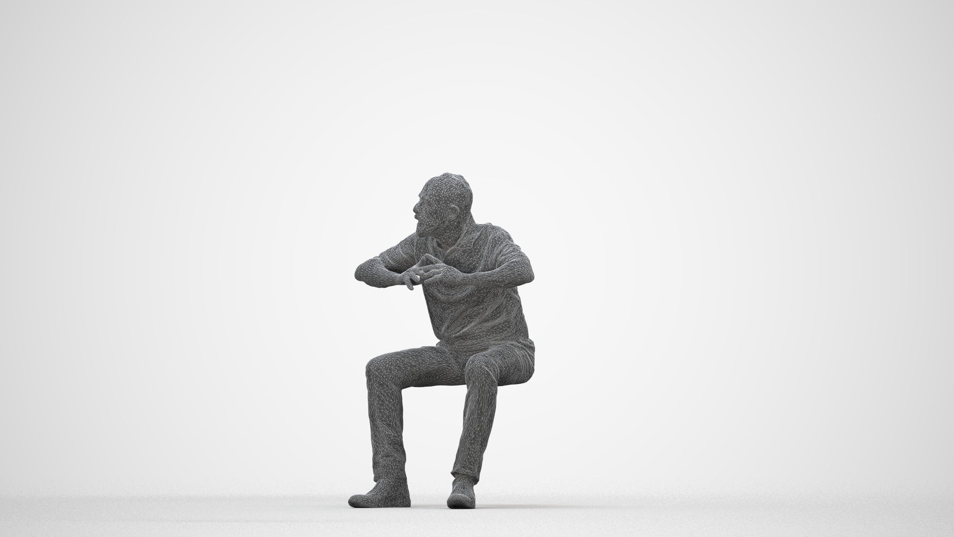 3D people model senior man casual sitting, scanned human for 3ds Max rendering, wireframe back view