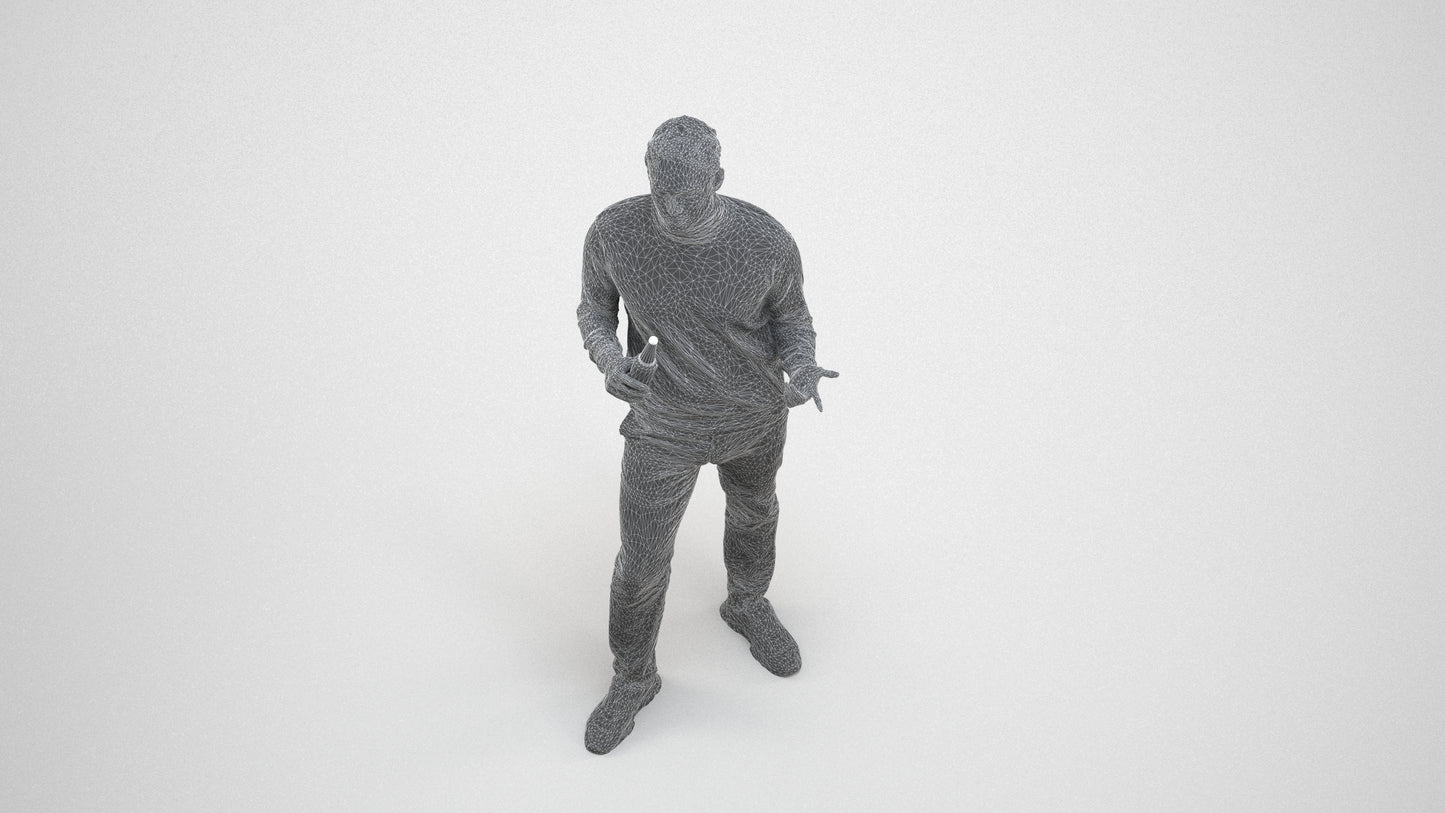photogrammetry 3D man casual standing, realistic human model archviz FBX, wireframe three-quarter view