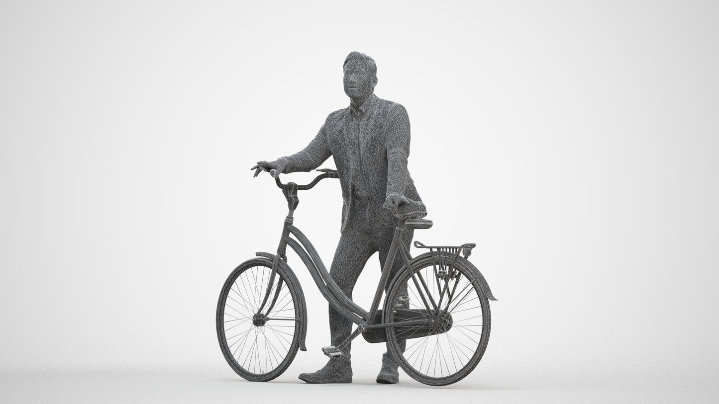 photogrammetry 3D man business cycling, realistic human model archviz FBX, three-quarter front view render