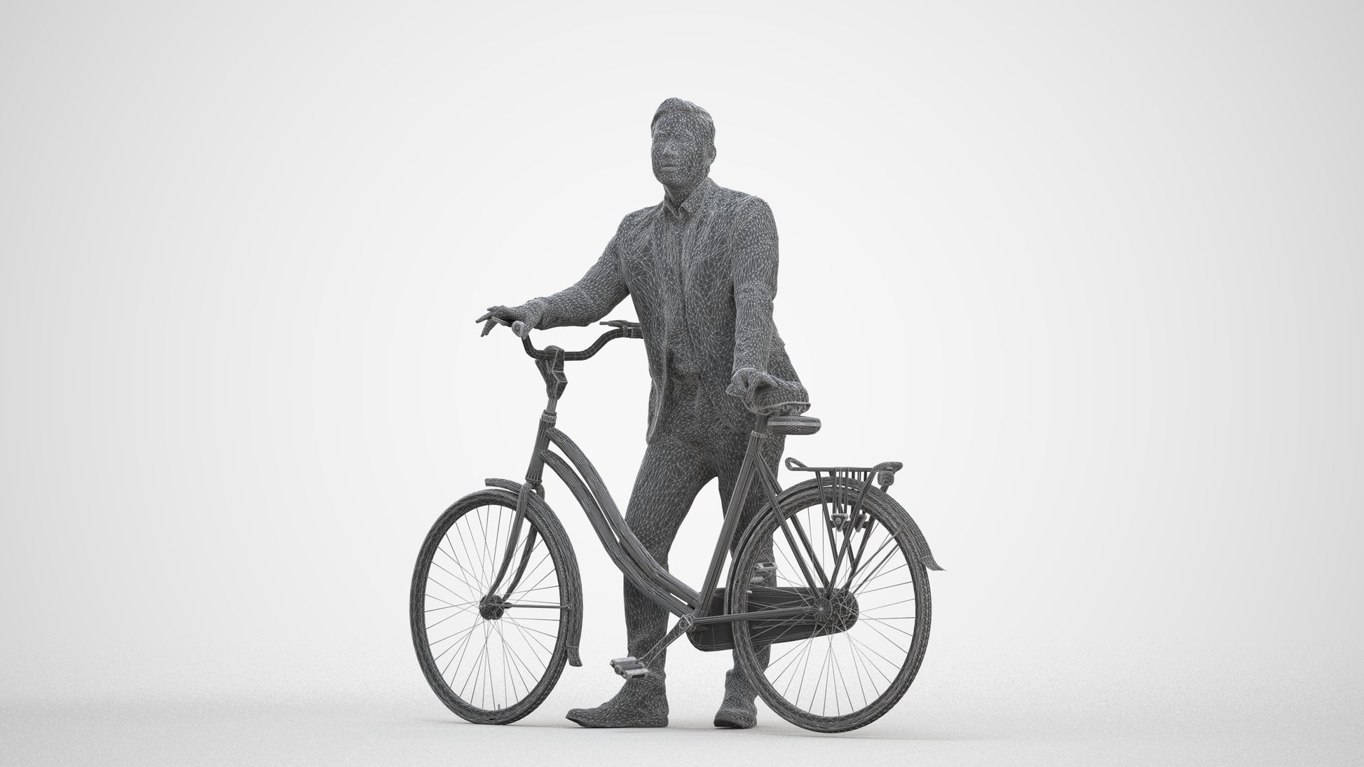 photogrammetry 3D man business cycling, realistic human model archviz FBX, three-quarter front view render