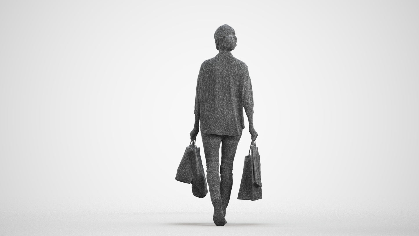 3D scanned woman shopping casual, photorealistic archviz people for Enscape and SketchUp, wireframe front view