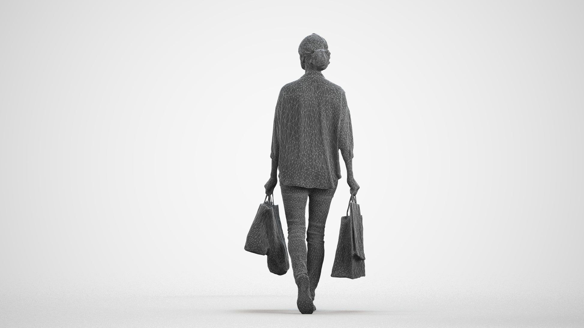 3D scanned woman shopping casual, photorealistic archviz people for Enscape and SketchUp, wireframe front view