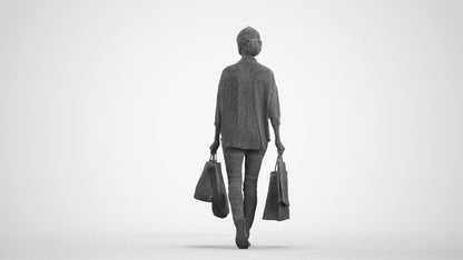3D scanned woman shopping casual, photorealistic archviz people for Enscape and SketchUp, wireframe front view