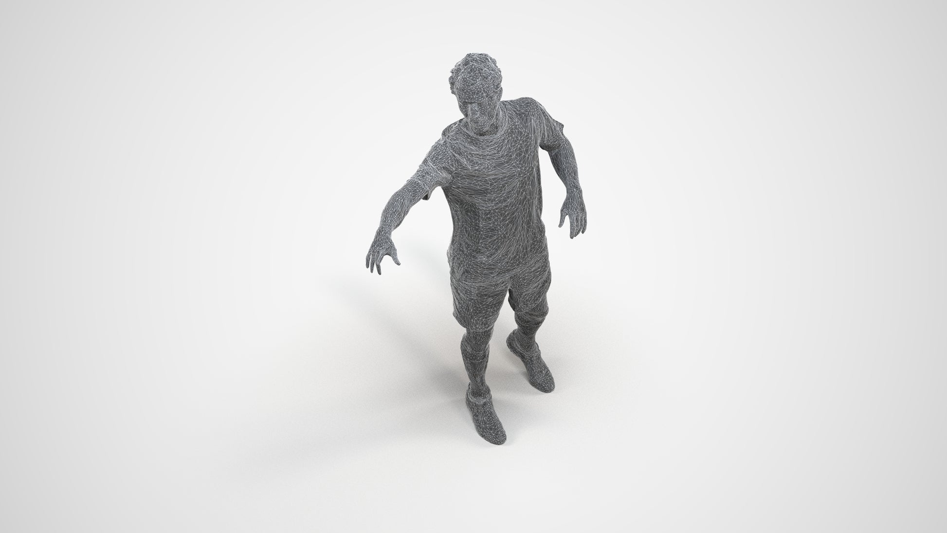 3D human model man sport, photogrammetry scanned person for archviz, wireframe three-quarter view