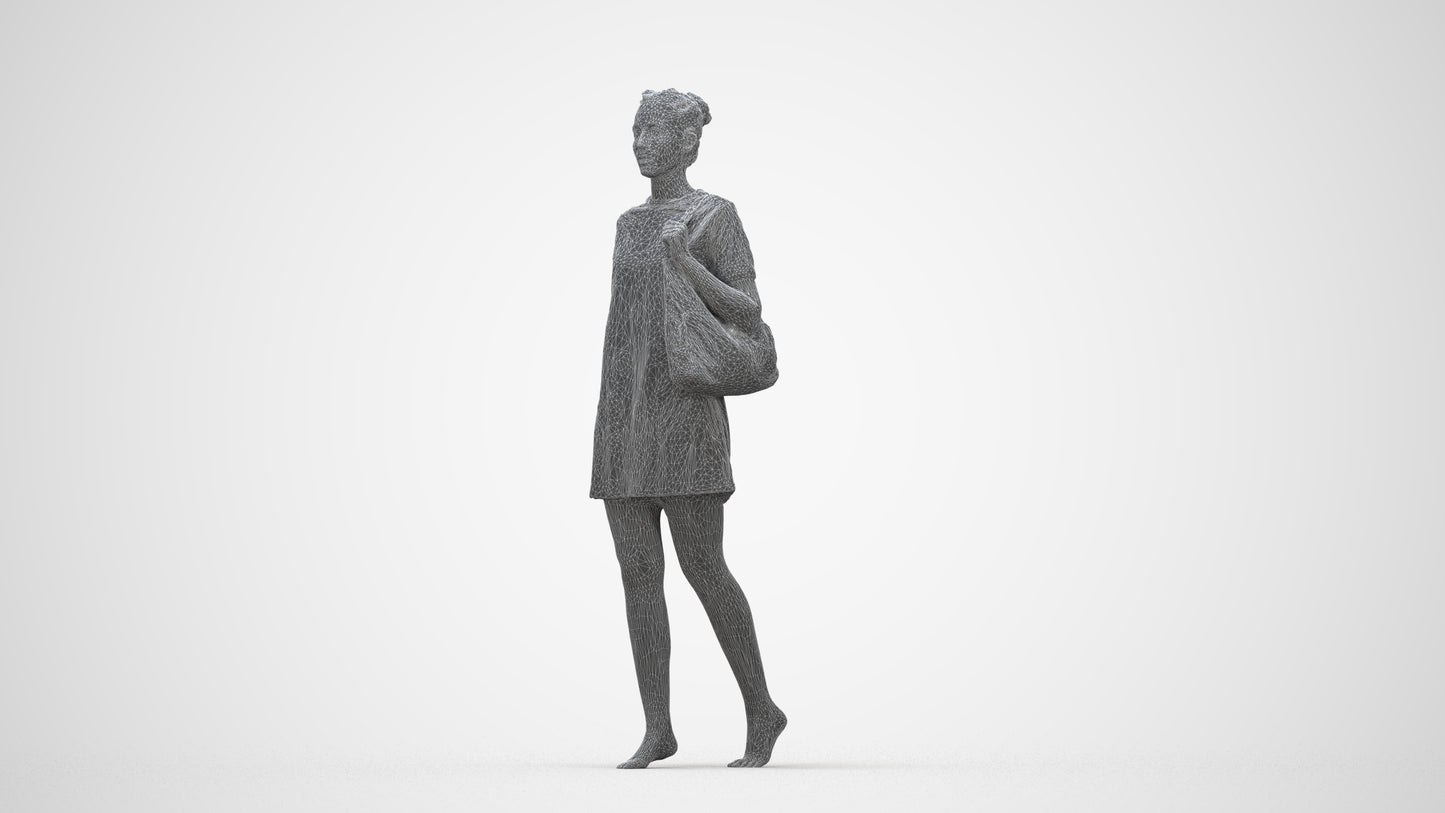 3D scanned woman walking casual, photorealistic archviz people for Enscape and SketchUp, wireframe back view