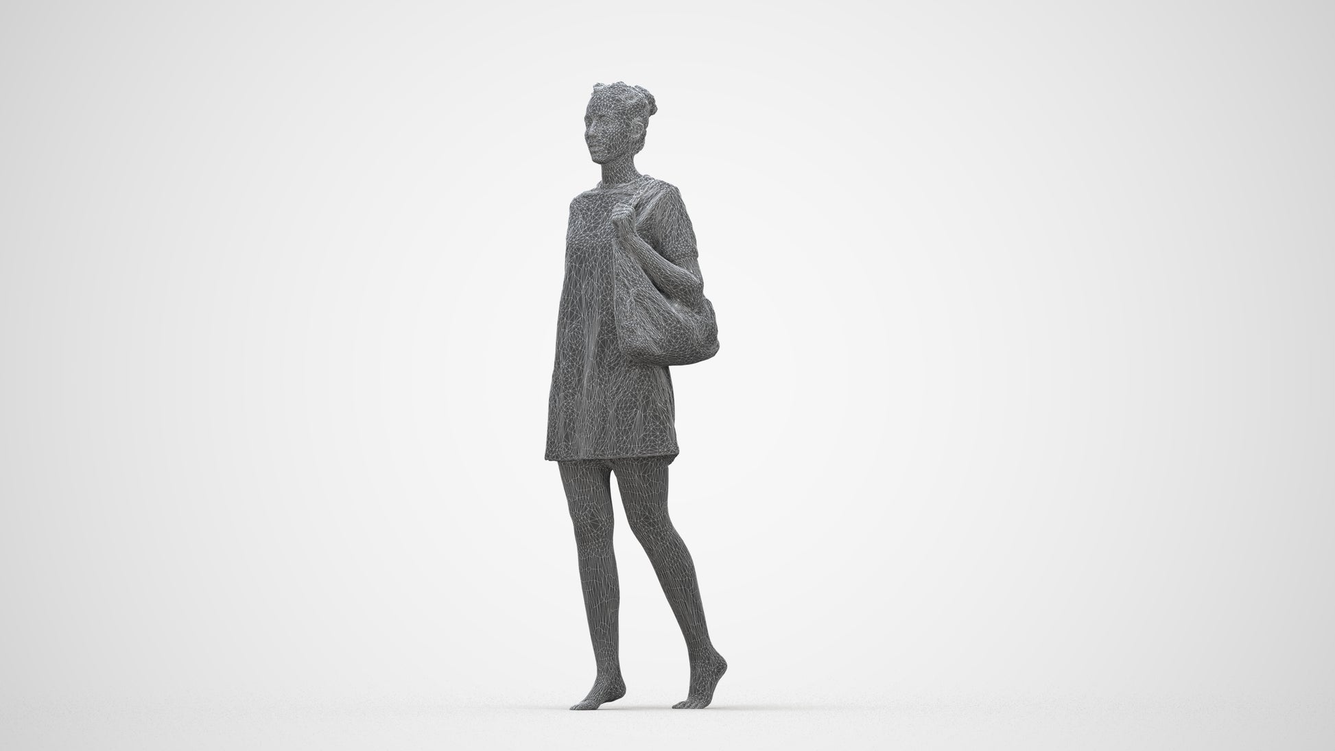 3D scanned woman walking casual, photorealistic archviz people for Enscape and SketchUp, wireframe back view