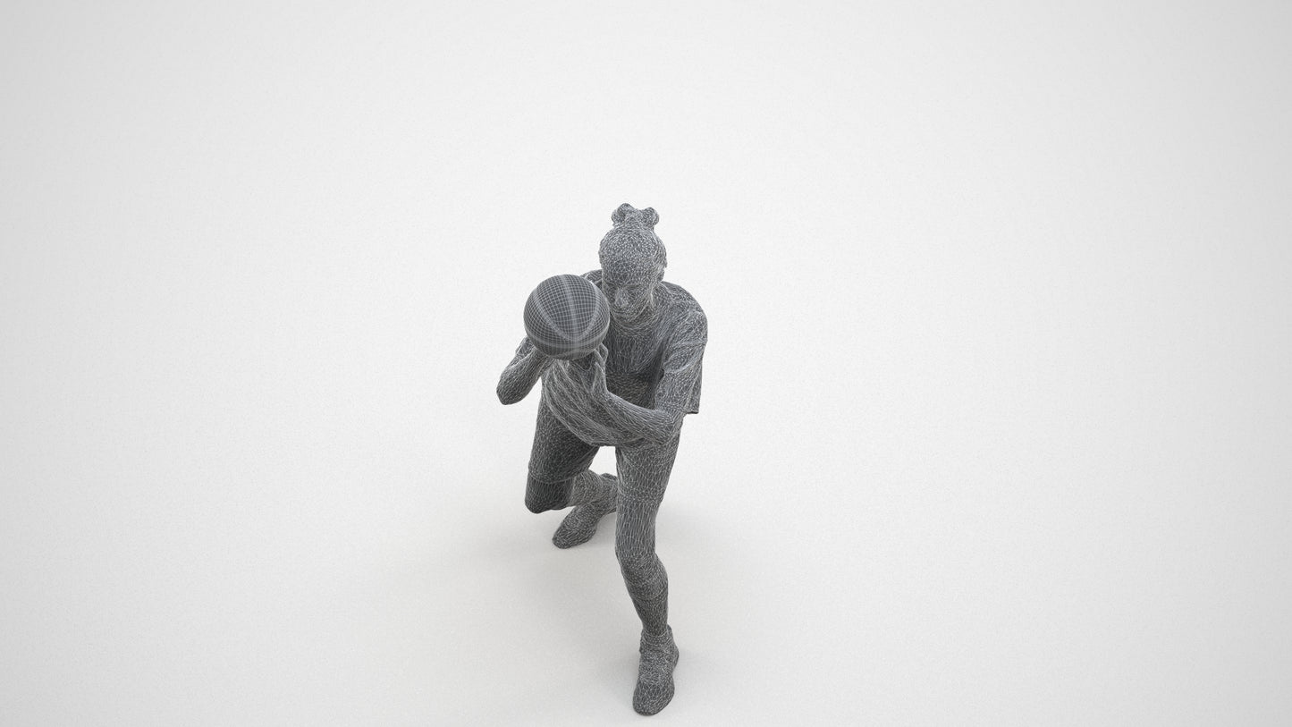 3D human model woman sport, photogrammetry scanned person for archviz, wireframe three-quarter view