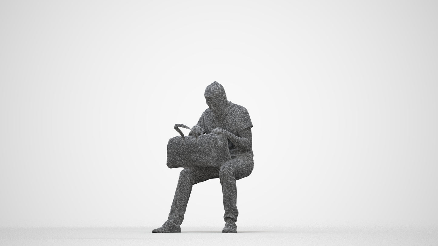 realistic 3D people senior man casual sitting, render-ready for V-Ray and Corona, FBX OBJ, wireframe back view