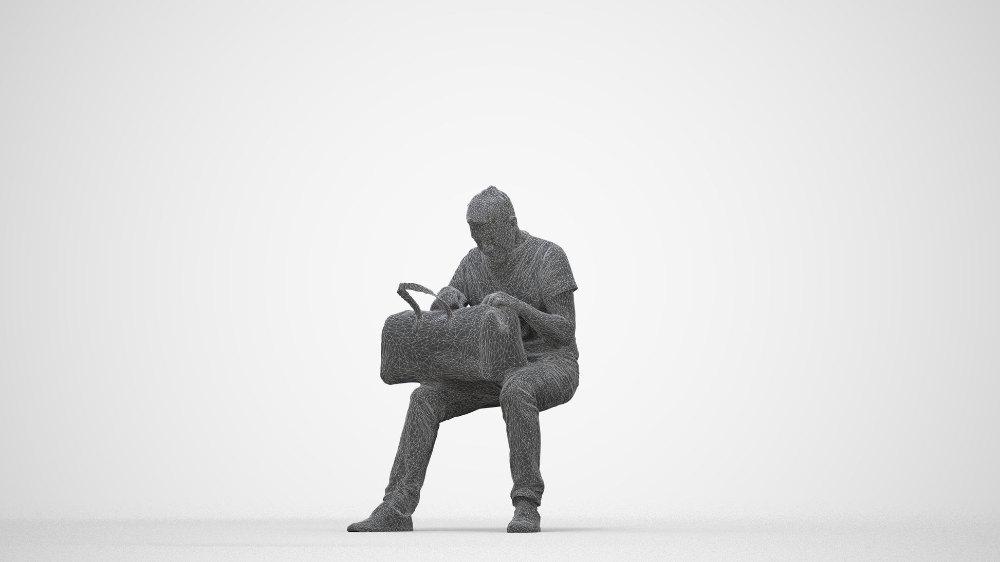 realistic 3D people senior man casual sitting, render-ready for V-Ray and Corona, FBX OBJ, wireframe back view