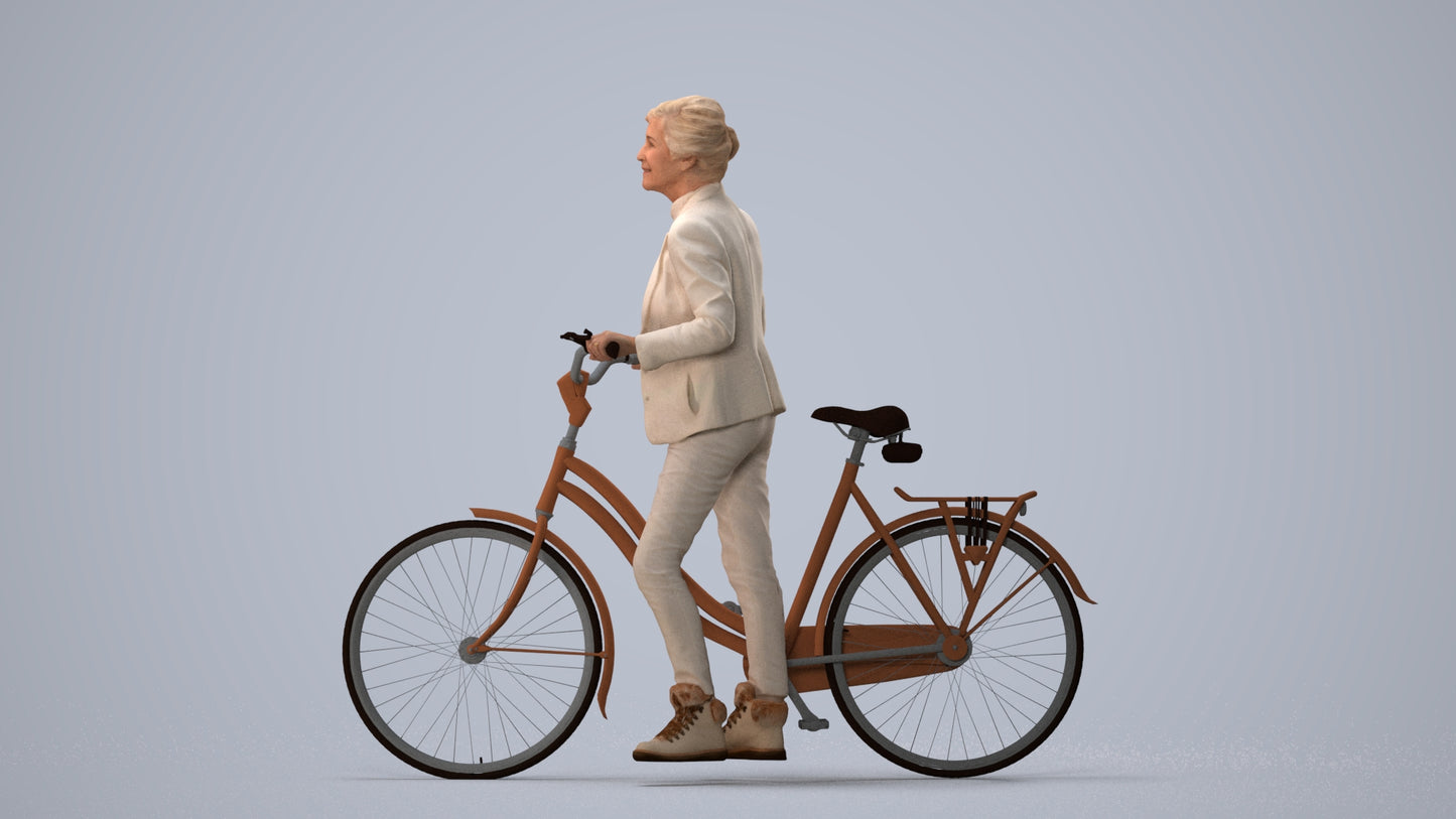 3D human model senior woman business cycling, photogrammetry scanned person for archviz, three-quarter view render