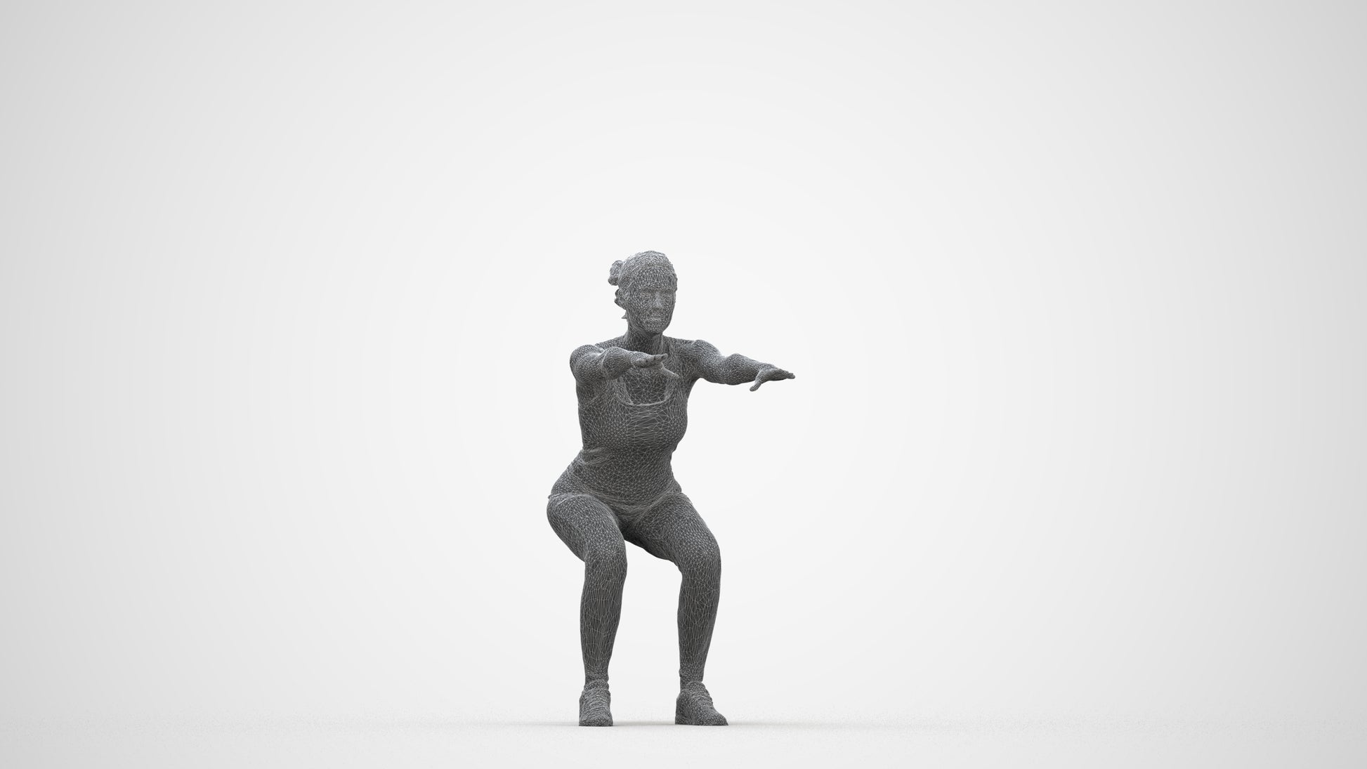 3D human model woman sport, photogrammetry scanned person for archviz, wireframe back view