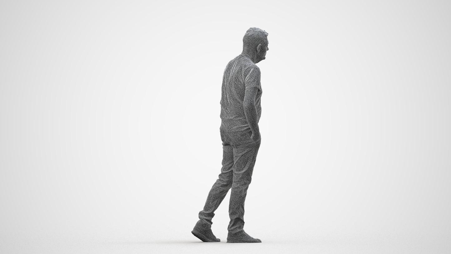 3D people model senior man casual walking, scanned human for 3ds Max rendering, wireframe side view