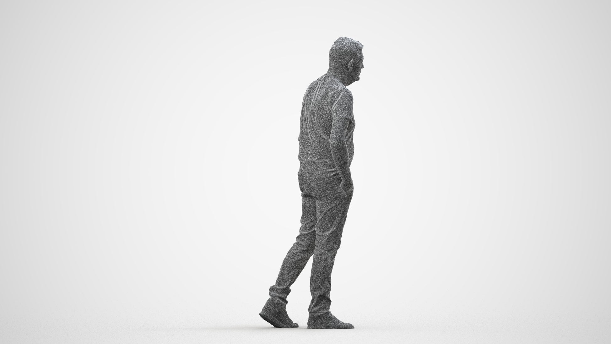3D people model senior man casual walking, scanned human for 3ds Max rendering, wireframe side view