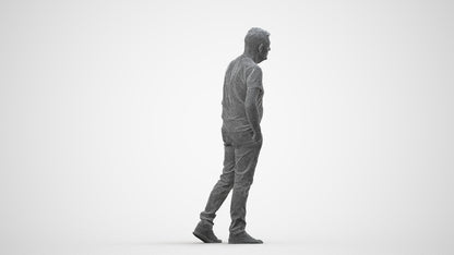 3D people model senior man casual walking, scanned human for 3ds Max rendering, wireframe side view