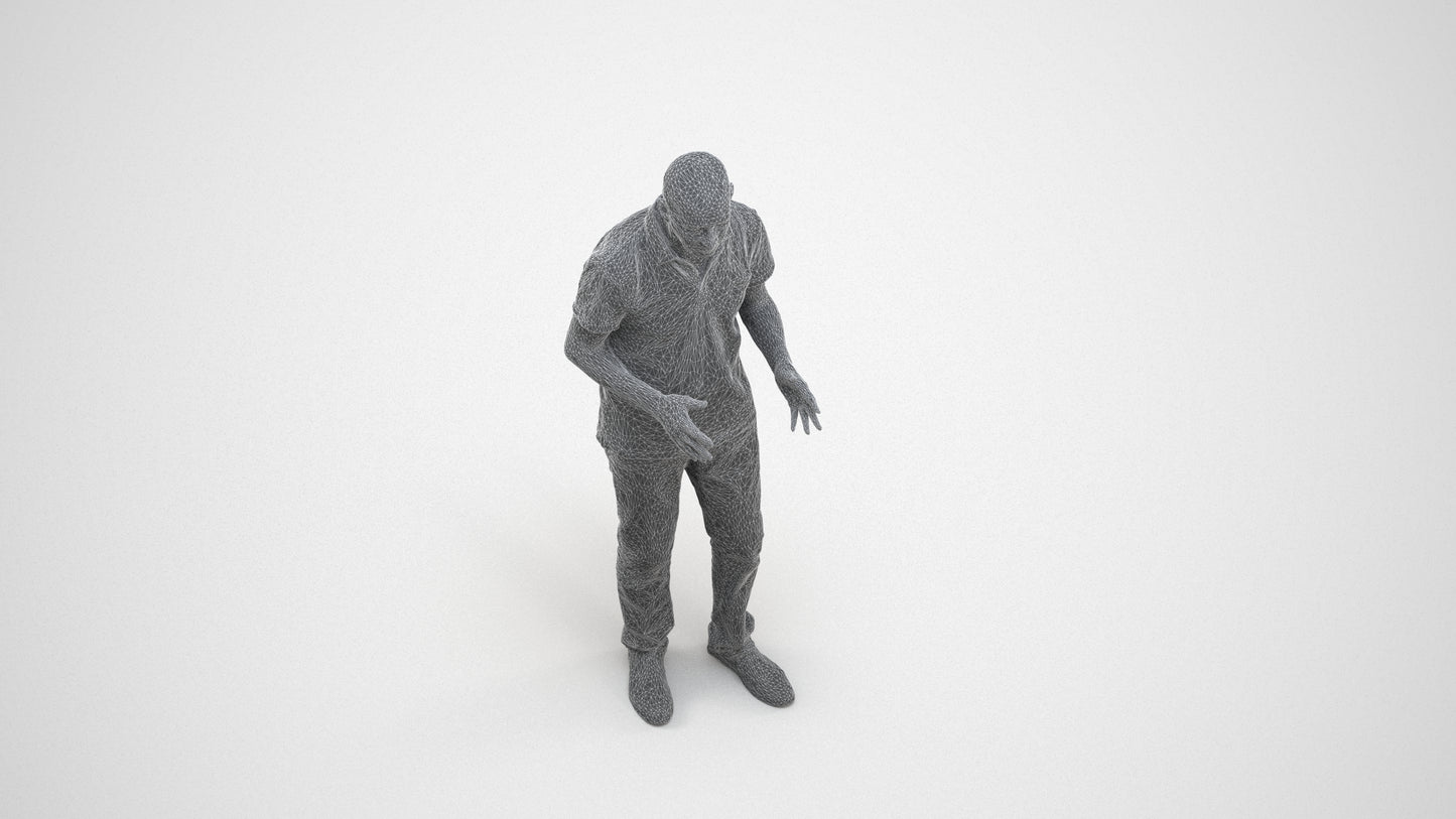 scanned 3D senior man casual standing, photogrammetry people for Enscape and V-Ray, wireframe three-quarter view