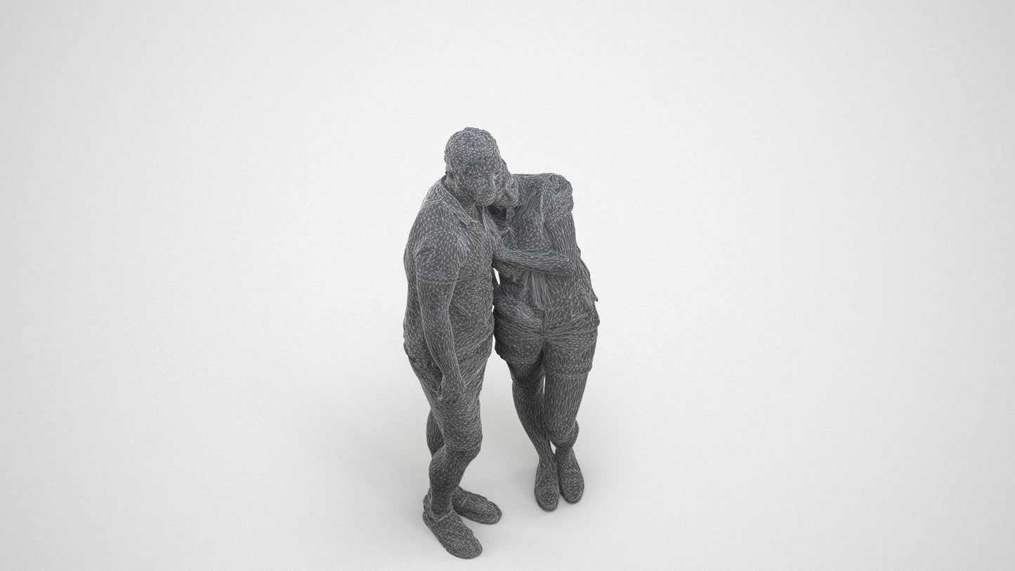 realistic 3D woman casual couple, scanned archviz people for Blender and 3ds Max, wireframe three-quarter view