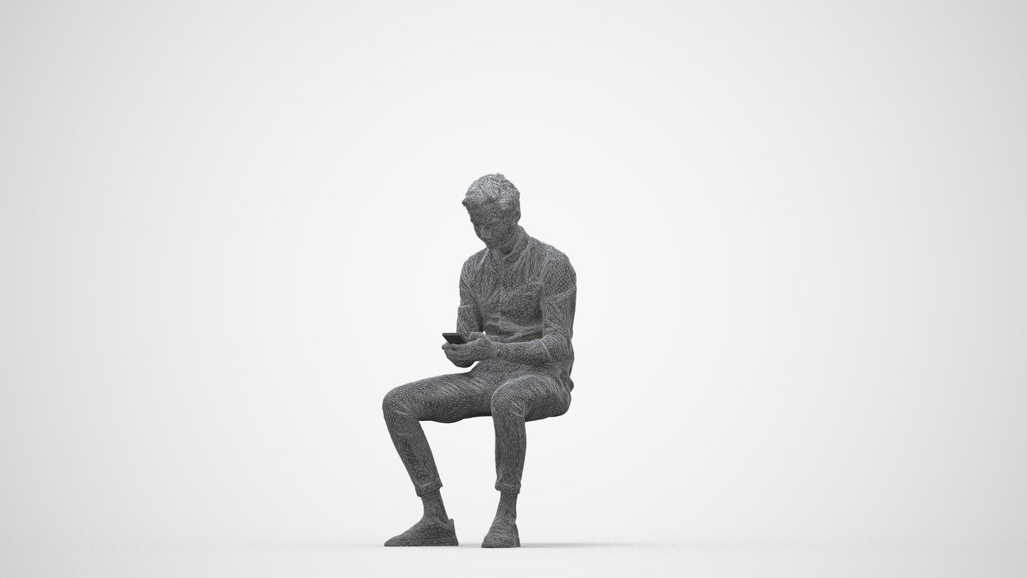 photogrammetry 3D man casual sitting, realistic human model archviz FBX, wireframe back view