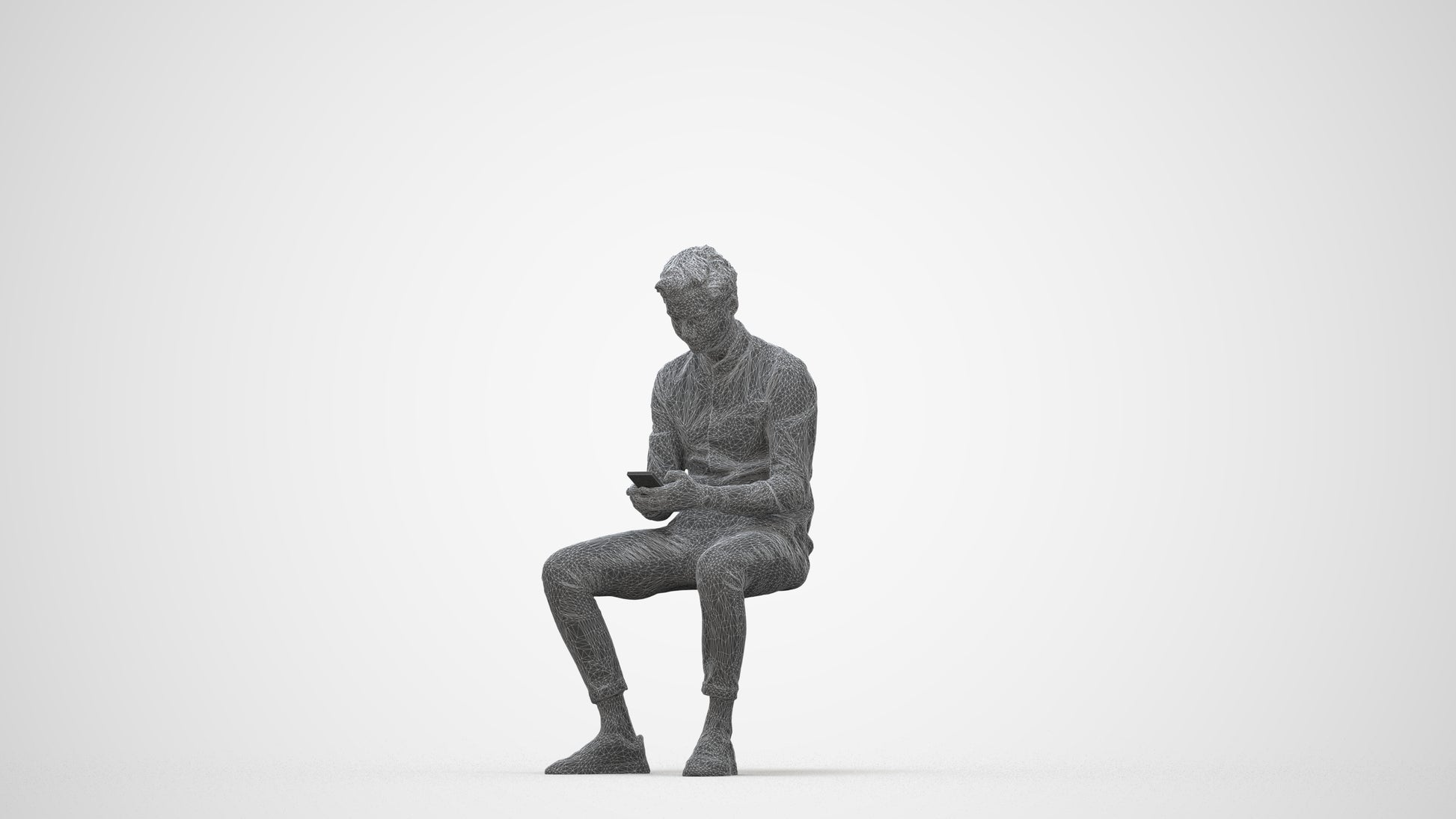 photogrammetry 3D man casual sitting, realistic human model archviz FBX, wireframe back view