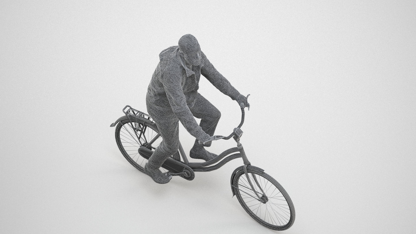 realistic 3D people man casual cycling, render-ready for V-Ray and Corona, FBX OBJ, wireframe three-quarter view