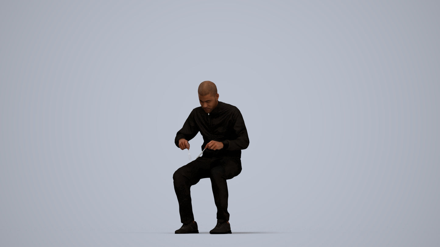 3D human model man casual sitting, photogrammetry scanned person for archviz, top-down view render