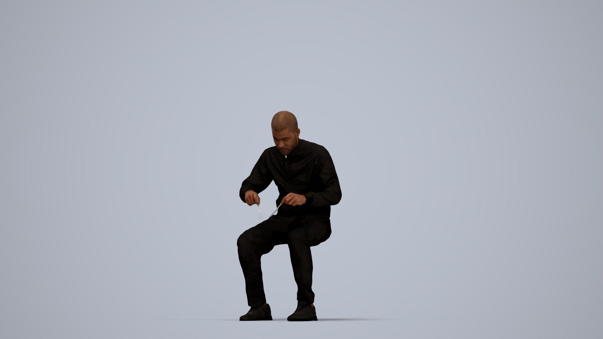 3D human model man casual sitting, photogrammetry scanned person for archviz, top-down view render