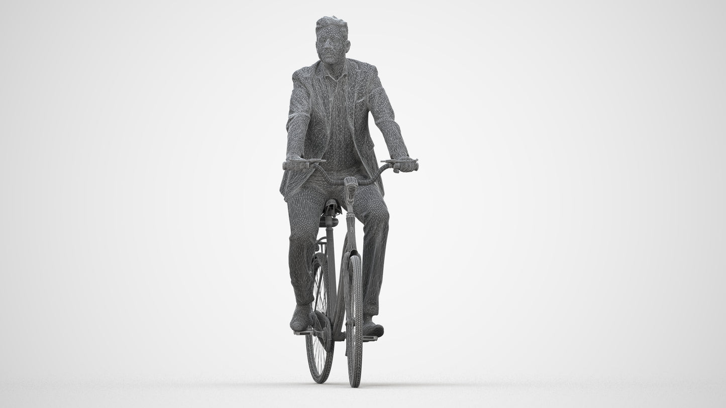 photogrammetry 3D man business cycling, realistic human model archviz FBX, wireframe back view